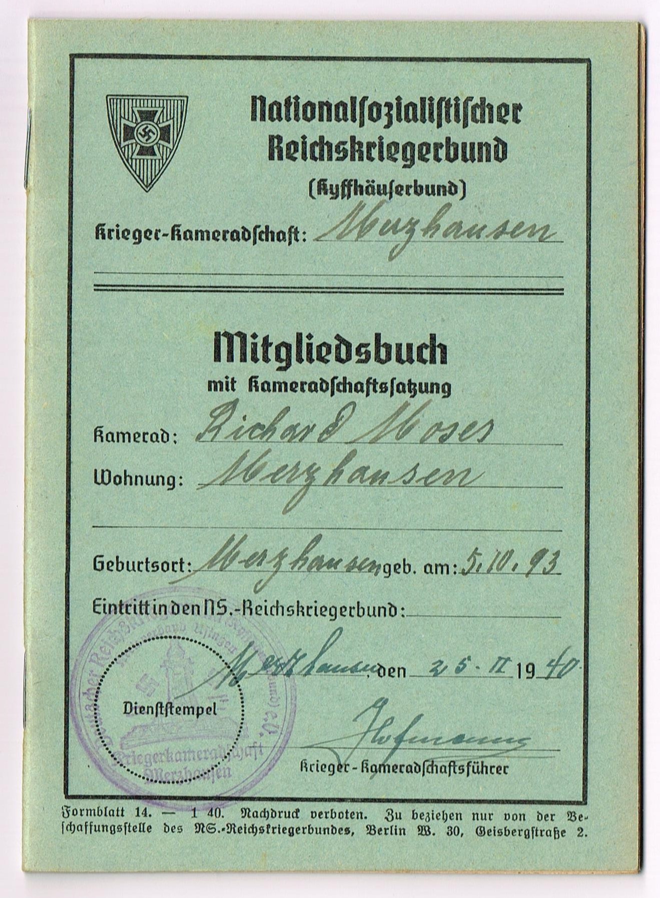 Photo Nationalsozialistischer Reichskriegerbund (Kyffhäuserbund) - Mitgliedsbuch mit Kameradschaftssatzung - Richard Moses - Merzhausen